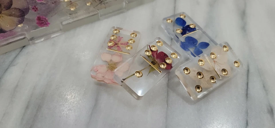Handmade Resin Art Dried Pressed Flowers Clear Dominoes with Box Domino Set gift - Image 2 of 4