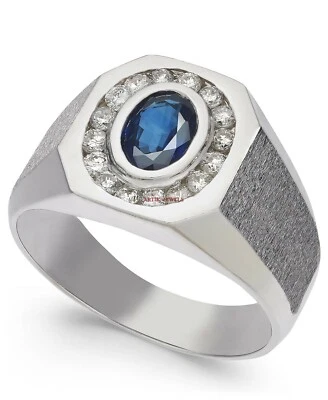 Bague En Argent Sterling 925 Avec Saphir Bleu Cultivé Pour Homme #920 - Photo 1/3