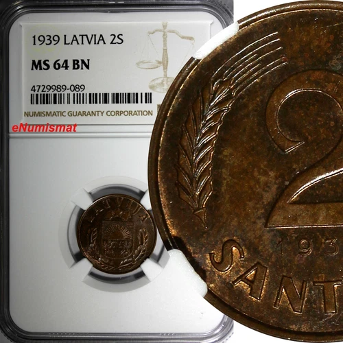 LATVIA Bronze 1939 2 Santimi NGC MS64 BN 1 YEAR TYPE Mint Luster KM# 11.2 (89)