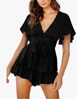 Aimcoo S Solid Black Plaid Romper Mini Party Dress Waist Tie Short Sleeve  Tiered | eBay