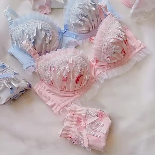 38D 38E 40E 40D Womens Bra Set Pink Satin Thin Cup Girl Cos Blue Underwire Bra - Video 1 of 1