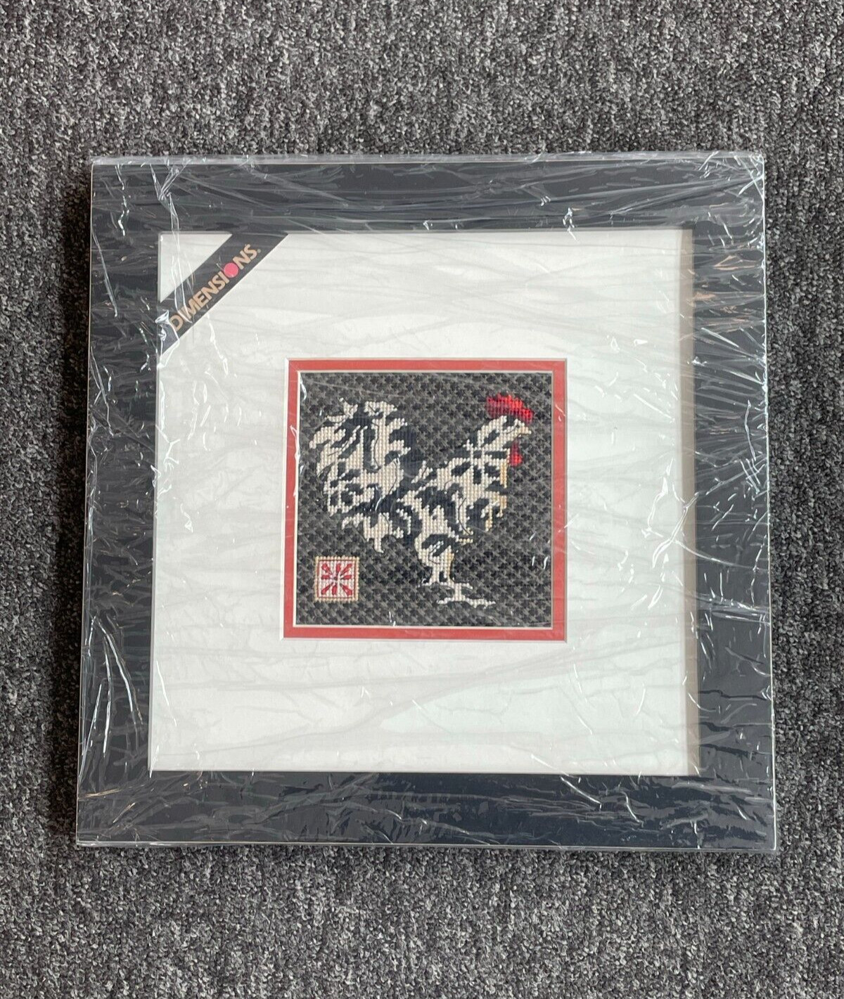 FRAMED COMPLETED CROSS STITCH: BLACK & WHITE ROOSTER: 35 x 30cm
