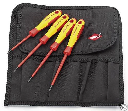Knipex 4 Piece VDE Insulated Slotted Screwdriver Set in Tool Roll 2.5,3,3.5,4mm