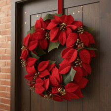 45cm Artificial Christmas Hanging Wreath w/ Poinsettia Flower & Berry Xmas Gift