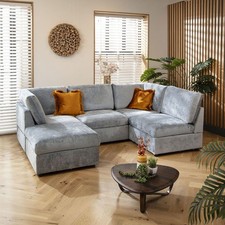 Modern 4 Seat Small Modular L Shape Corner Sofa Couch Blue Fabric