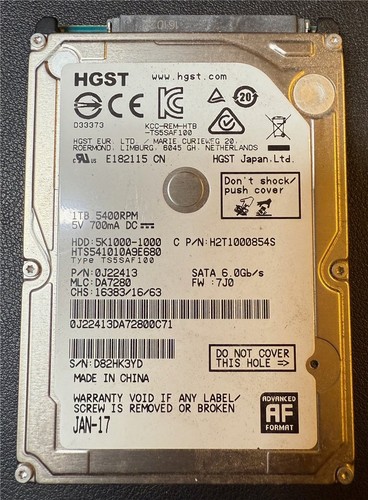 HGST, 1TB, 5K1000-1000, HTS541010A9E680, S/N: D82HK3YD, SATA HDD