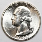 1945 25c Washington Silver Quarter UNC - RAW - Great Luster / Nice Coin
