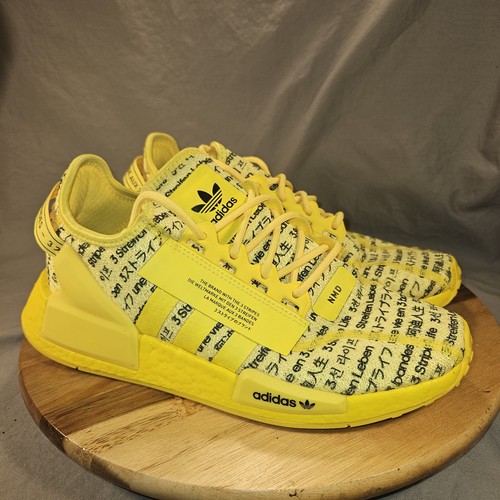 Adidas NMD R1 V2 Yellow Black Text Athletic Shoes Mens Size 7 Womens 8.5 FZ6236