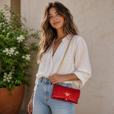 Vera Pelle Made In Italy Red Leather Bee Clutch Crossbody Bag Gold Hardware
