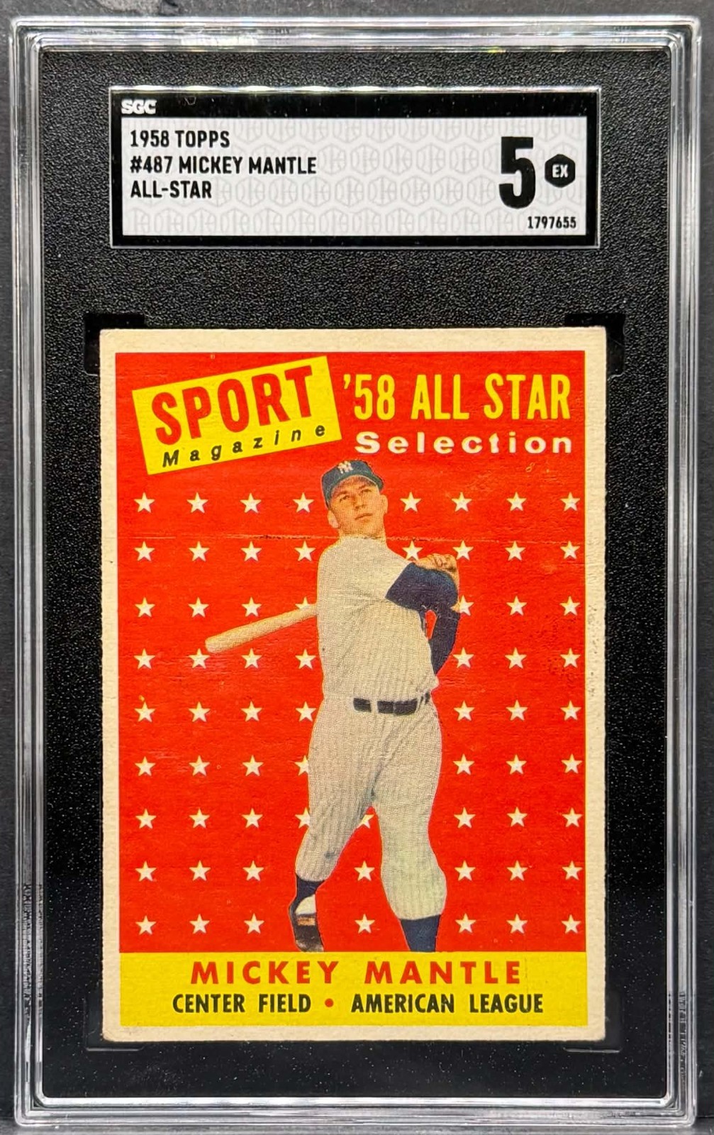 1958 Topps All-Star #487 Mickey Mantle Vintage Yankees HOF Card Graded SGC 5 EX
