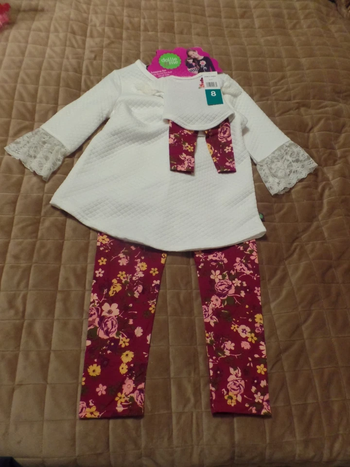 Dollie & Me, 4 Piece Set, Tops/Pants, Ivory/Burgundy Floral, Size:8, New w/Tags - Image 3 of 4