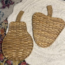 Set of 2 Wall Art Fruit Apple Pear Woven Straw Raffia Hanging Basket
