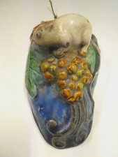 ANTIQUE POTTERY MAJOLICA MOUSE AND BUNCH GRAPES LEAVES WALL VASE
