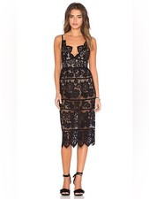 For Love & Lemons Gianna Midi Dress Size XS Black Lace Scalloped Neck NEW