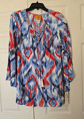 Ruby Rd. Woman Sz 3X V-Neck Red White Blue Tie Neck Tassels Geometric Print Top