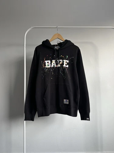 A BATHING APE (BAPE) FELPA CON CAPPUCCIO PULLOVER A BATHING APE BAPE PAINT SPLATTER NERO MULTICOLORE TAGLIA L