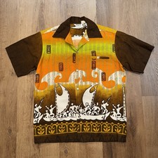 Tropicana Shirt Barkcloth Hawaiian Warrior USA Vintage 60s 70s Hippie Mens Small