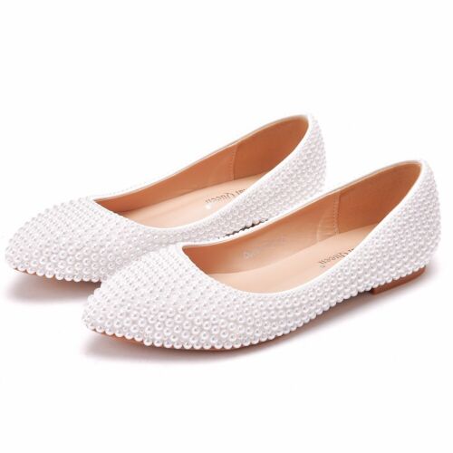Damen Weiß PerlenSchwanger Schwanger Flache Schuhe Braut Hochzeit Brautschuhe - Bild 25 von 27