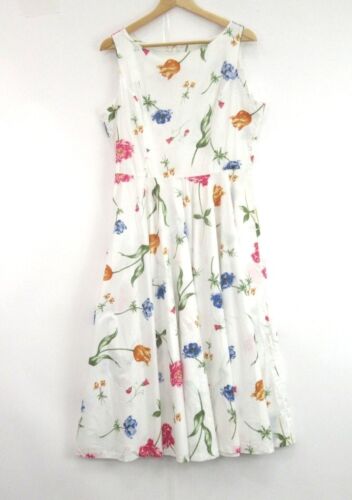 Vintage Laura Ashley Dress UK 16 White Midi Floral Cotton Sleeveless Tea Dress - Afbeelding 1 van 24