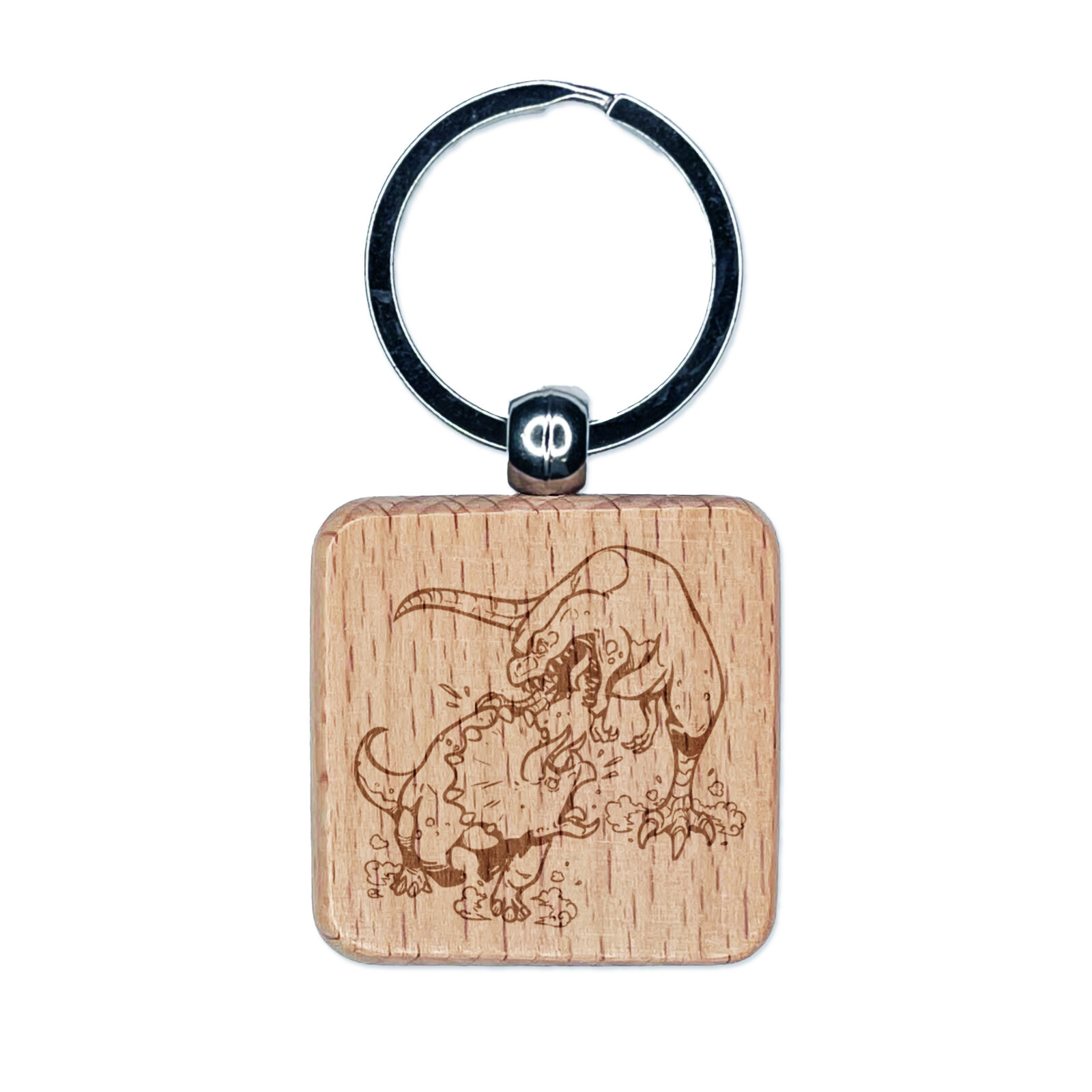 Triceratops and T-Rex Dinosaurs Fighting Engraved Wood Square Keychain Tag Charm
