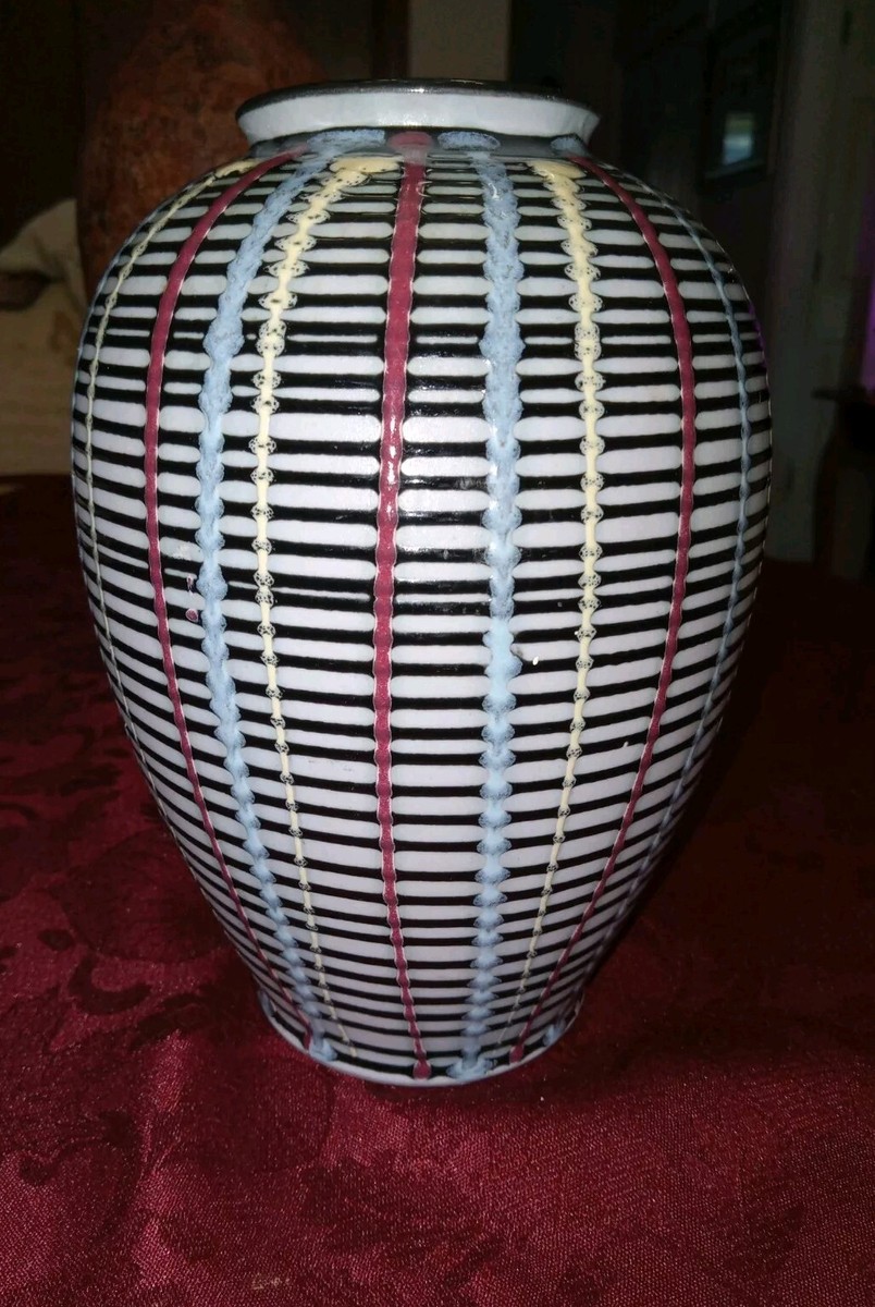 Stunning Japanese Multi Color Striped Vase Mid Century Modern Leaf