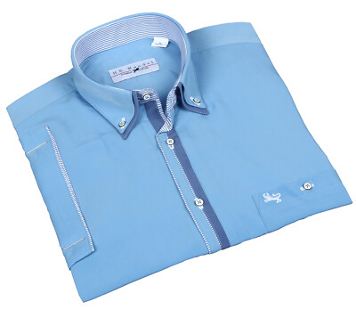 Elegant Light Blue Microfibre Button Down Shirt, Designer Shirts.