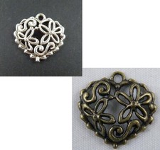 80pcs Silver/Bronze Color Hollow Flower Heart Charms 20x20x3.5mm 8594