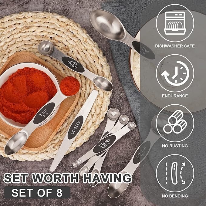 8 PCS Magnetic Measuring Spoons Set, Dual Sided, Stainless Steel Small Tablespoo