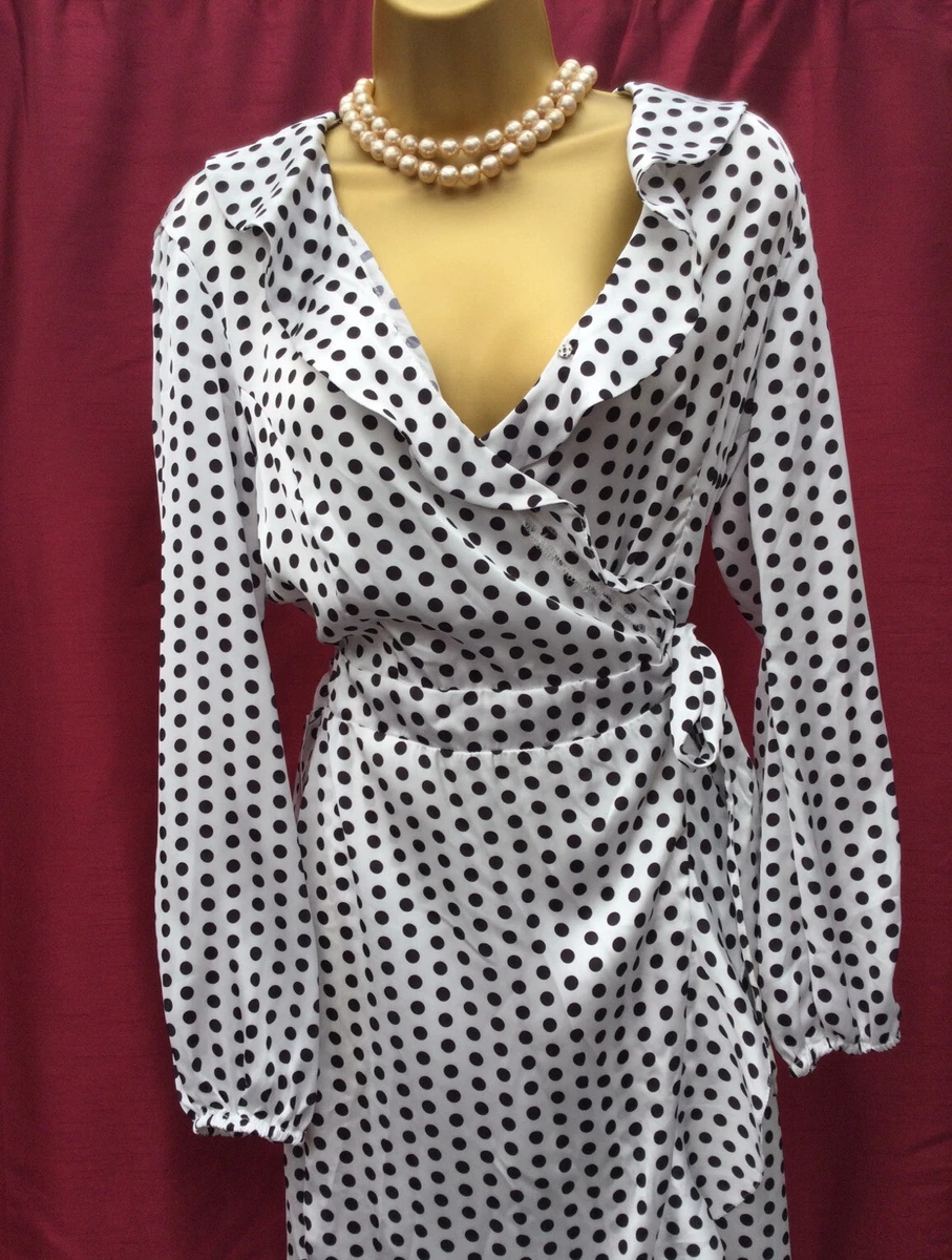 New LIPSY Size 12 WRAP Mono WHITE Black Spot POLKA DOT FRILL HEM