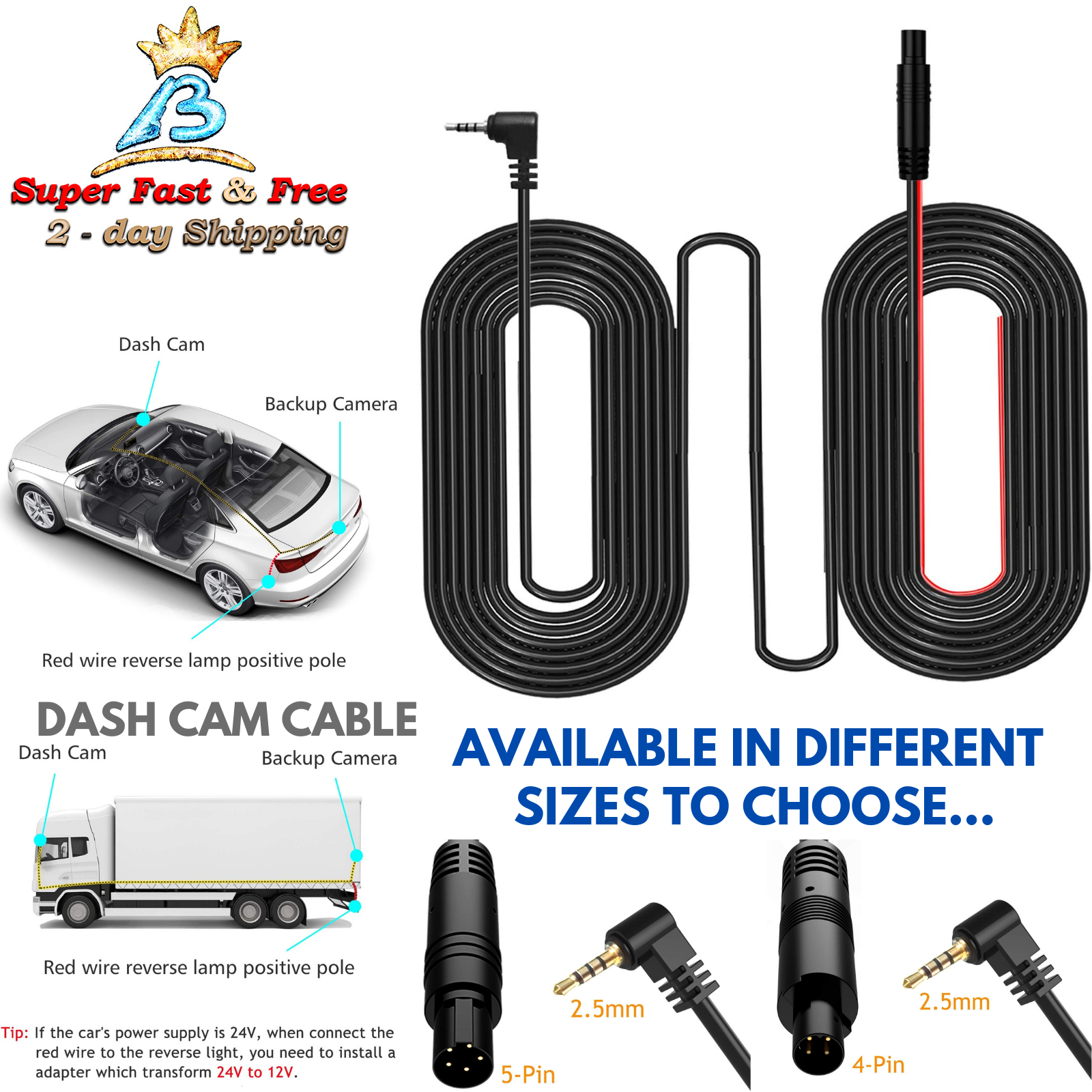 Backup Camera Extension Cable Dash Cam Long Cord 5 Pin 4 Pin Truck