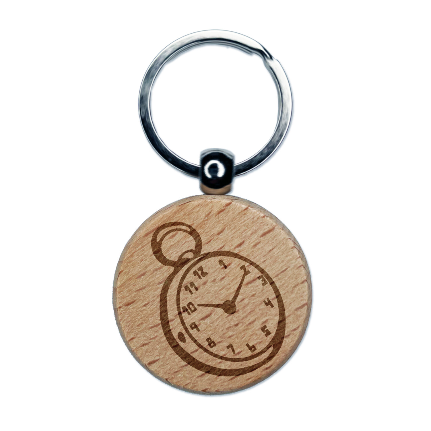 Pocket Watch Engraved Wood Round Keychain Tag Charm