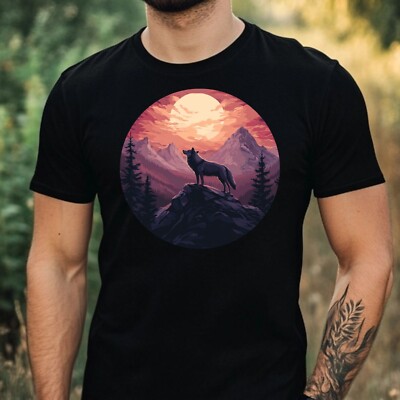 Mens Wolf On The Mountain Motif Cotton T-Shirt Size XS to 5XL