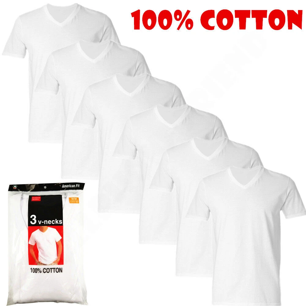 Men's White/Black 6-Pack V-Neck T-SHIRTS " TAGLESS-100% COTTON"