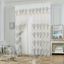Embroidered Elegance Sheer Voile 2 Layers Rod Pocket Window Curtain Panel FF1018
