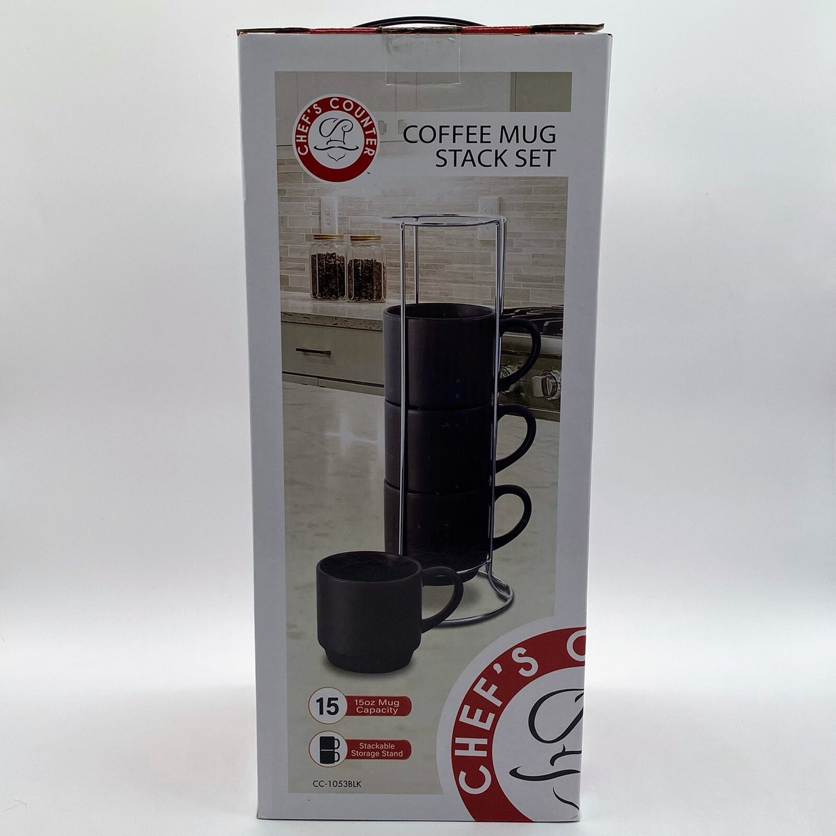 Chef's Counter Coffee Mug Stack Set of 4 Black 15oz Mugs w/ Storage Stand |  eBay
