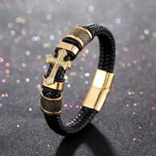 Mens Black PU Leather Cross Bracelet Gold Accents Boho Retro FAITH Bangle