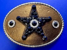 Michelle Monroe Star Shaped Black Crystals on Leather Vintage Oval Belt Buckle