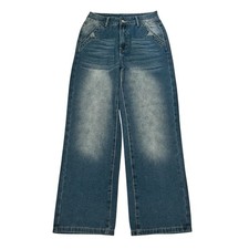 NWOT Women s Small Denim Jeans Wide Leg Opening Pants Retro Distressed Teens