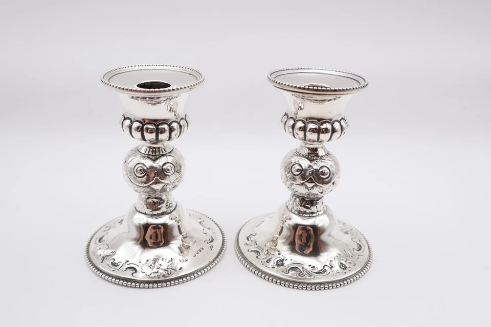 Candelabros antiguos victorianos de plata novedad búho con sello Londres 1859 Foto 2 de 4