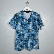 Carhartt Women L Blue Marble Scrub Top Force Cross-Flex Modern Fit V-Neck Pocket