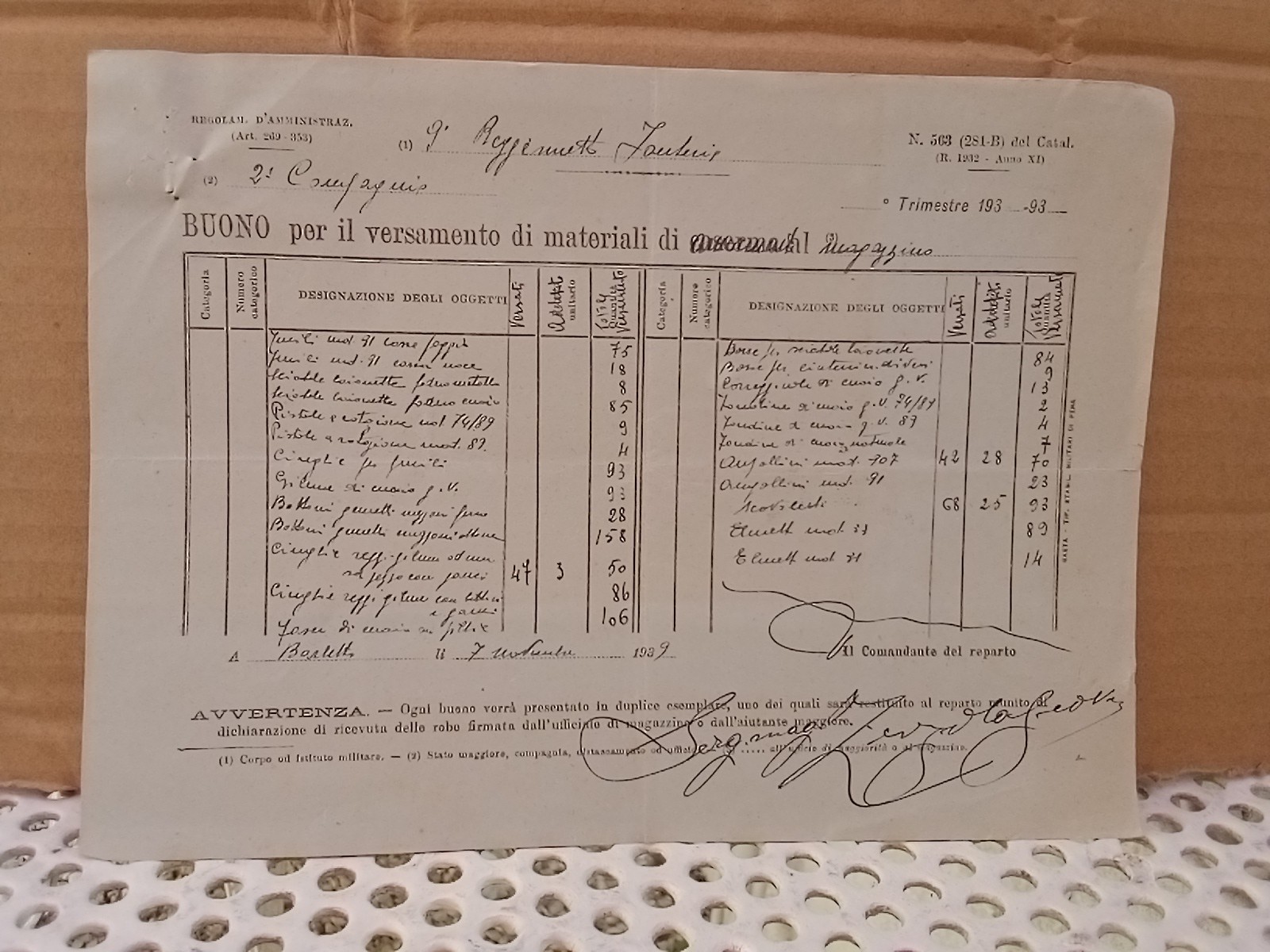 1939 Buono Per Il Versamento Di Materiali, Reggimento Fanteria