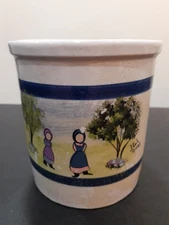 Hand Painted Stoneware CROCK With AMISH Theme From R.R.P. Co In Roseville, Ohio