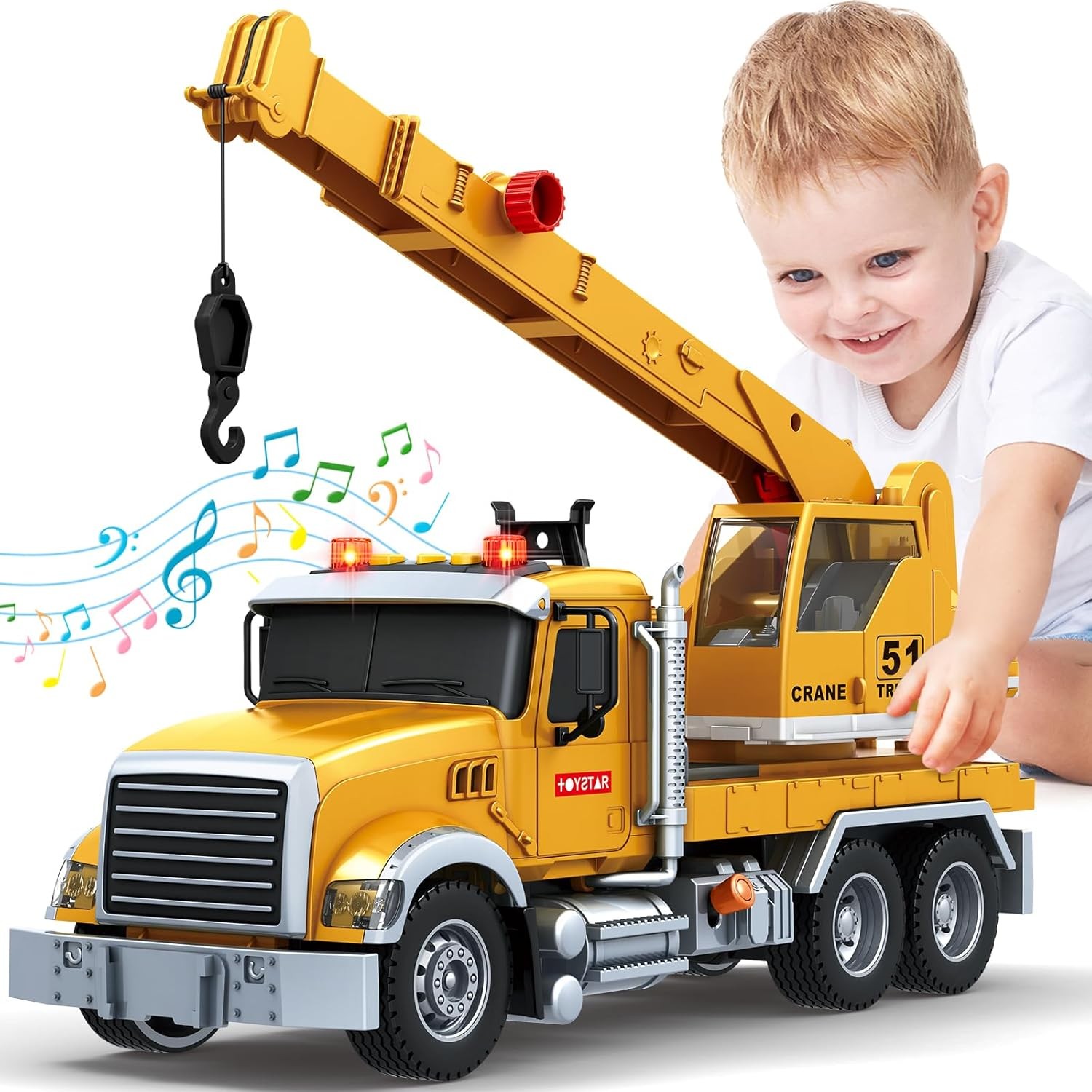 Kids Toys Crane Truck Toy with Lights&Sounds Friction Powered Truck Vehicle Toy