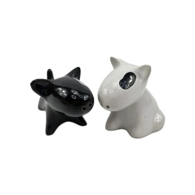 Bull Terrier Black & White Dog Salt & Pepper Shaker Figurines Spot Eye Decor