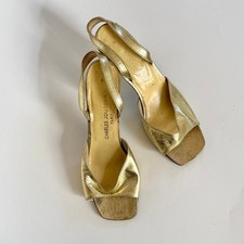 VTG Charles Jourdan 70s Gold Sandal Square Toe Leather Chunky Block Heel 8.5