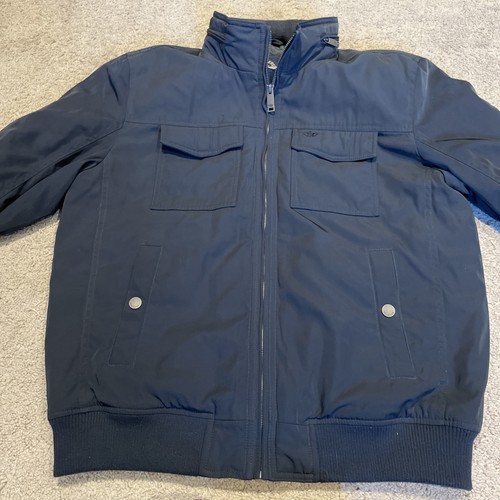 Dockers Bomber Aviator Jacket Mens Medium Navy Quilted Lining Roll Away Hood - Picture 8 of 17