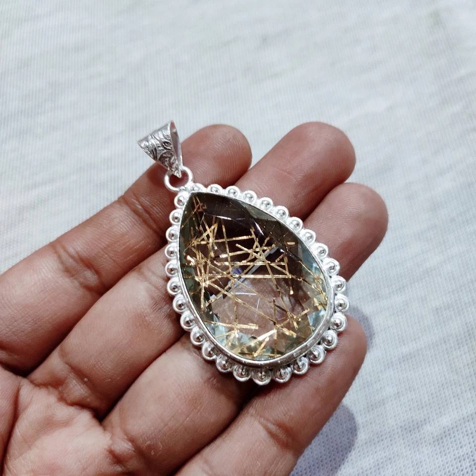 Ciondolo pietra preziosa quarzo rutilato argento sterling rutilato gioielli... - Immagine 3 di 4