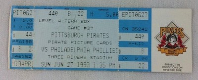 MLB 1993 06/27 Philadelphia at Pittsburgh Pirates Full Ticket-Stan Belinda WP