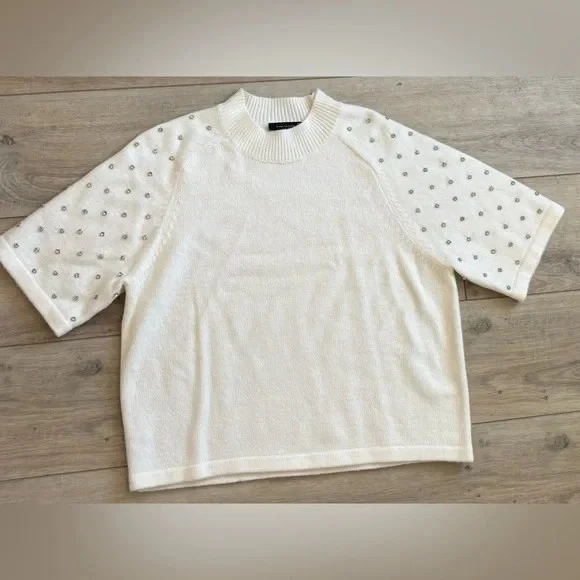 Ann Taylor Crew Neck Short Sleeve Rhinestone Embellished Sweater Size L Cream - Image 3 of 4