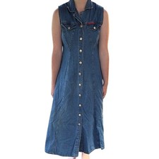 Vintage Y2K Women's No Excuses Denim Sleeveless Maxi Button Up Blue Dress Size M